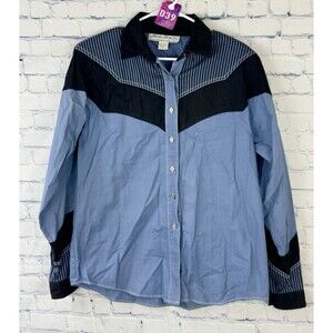 VTG Adobe Rose Women's Western Shirt Large Black And Blue Boho Striped Button